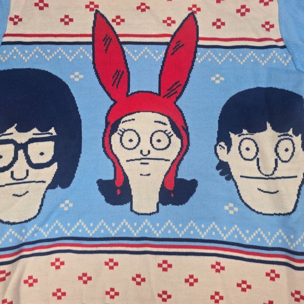 Bobs Burgers Small Knit Christmas Sweater With Louise Tina Gene Faces Long Sleev
